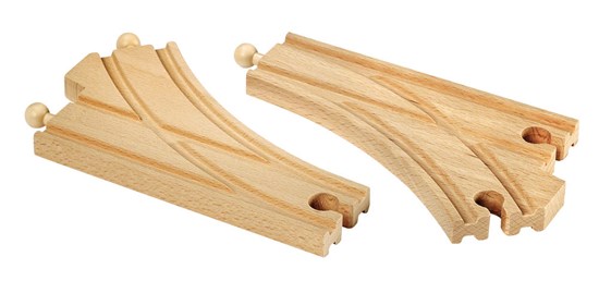Curved Switching Tracks wooden railway pieces to extend and change direction in a BRIO railway set for ages 3 and up.