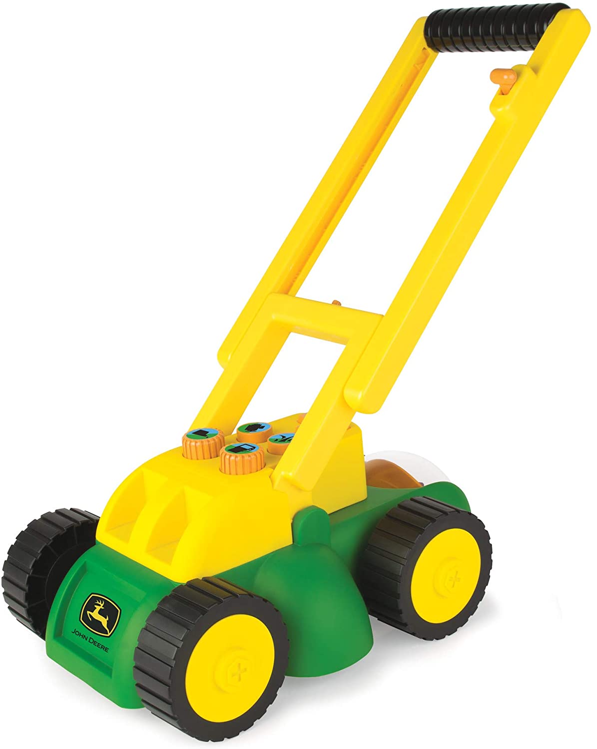 John Deere Lawn Mower toy for kids with interactive sounds, spinning blade, and retractable handle for outdoor play.