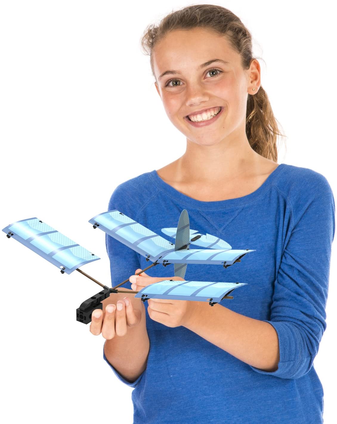 Smiling girl holding a blue model glider plane made from ultralight plastic and bamboo parts Ultralight Airplanes.
