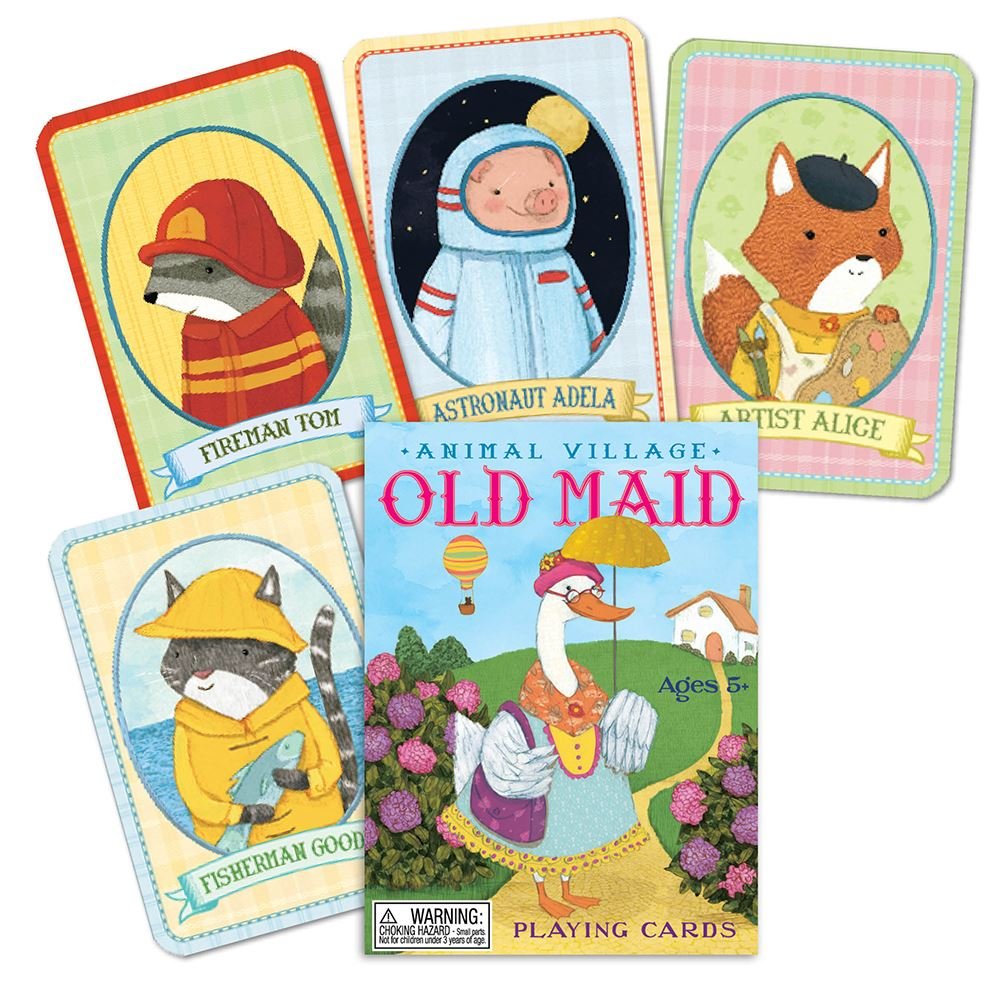 Animal Village Old Maid card game featuring charming animal characters with occupations, suitable for ages 5 and up.