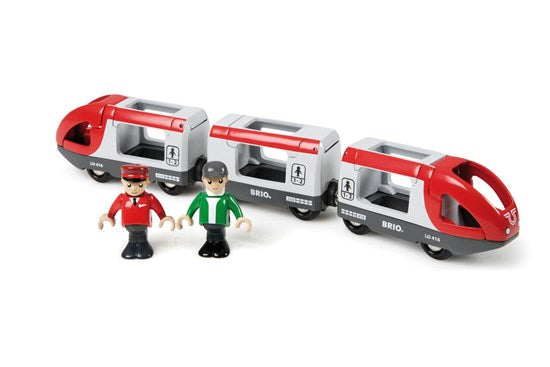 Travel Train toy with red and gray wagons, including passenger and driver figures, compatible with BRIO tracks.