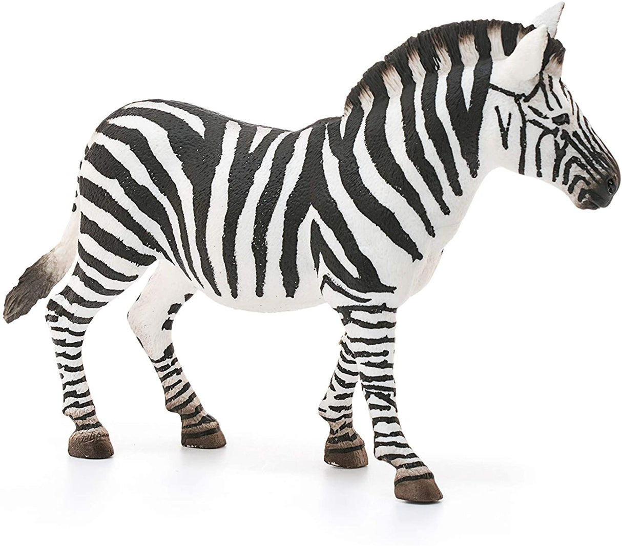 Zebra toy figurine showing detailed black and white stripes, realistic mane, and standing pose for children aged 3-8 years.