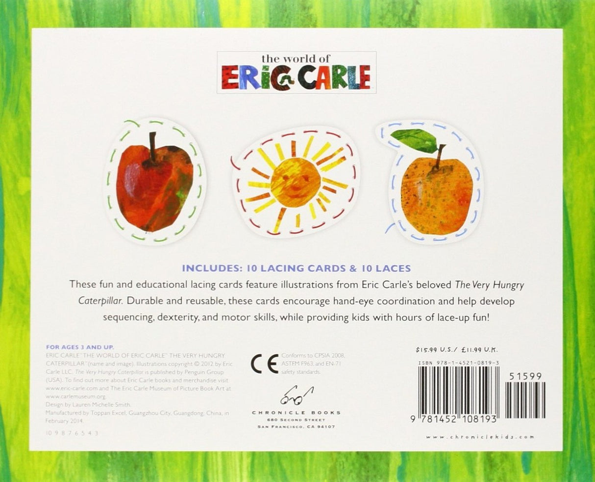 Very Hungry Caterpillar Lacing Cards set with colorful fruit and sun designs for fine motor skill development.