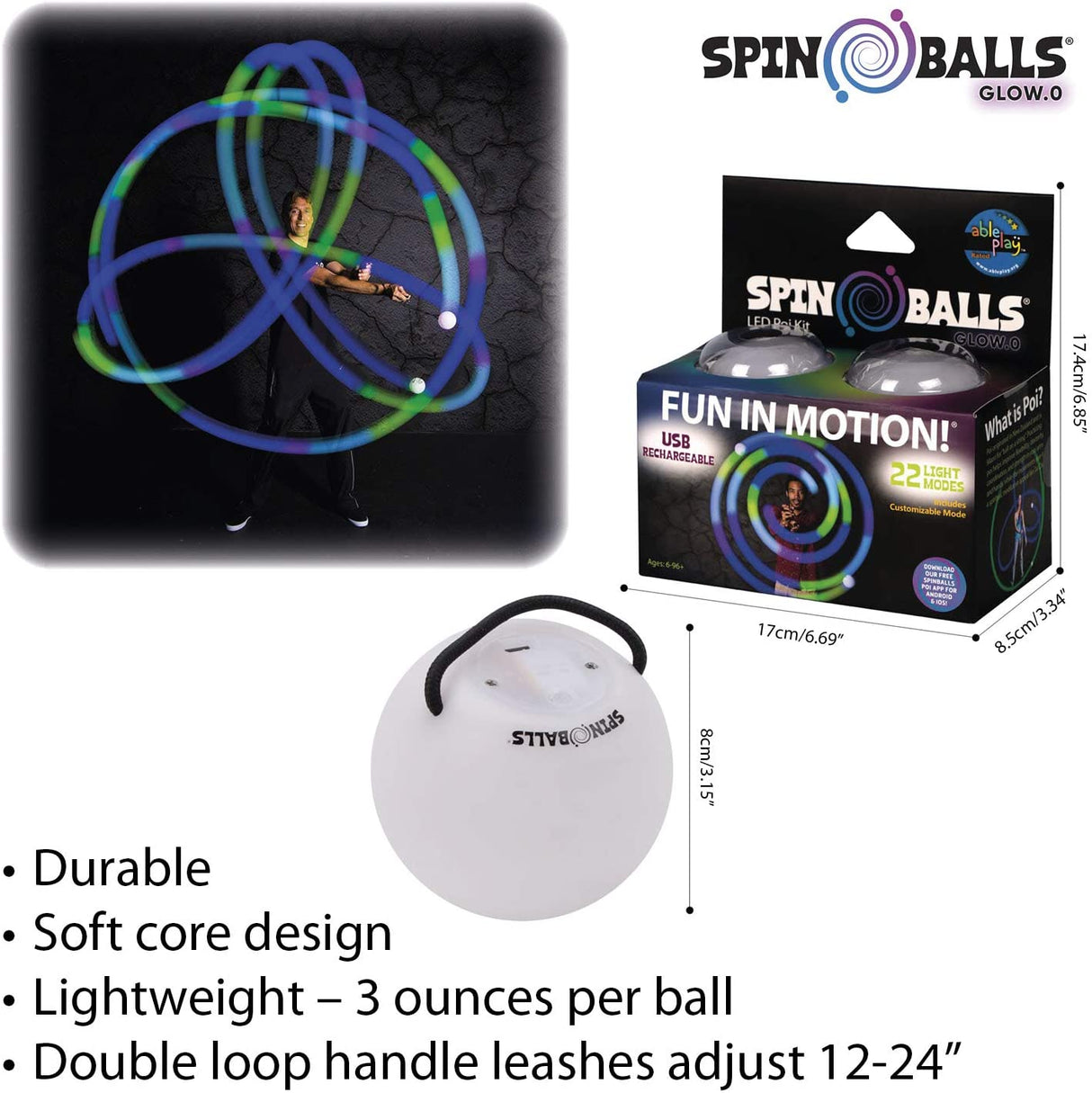 Light Up Spin Balls showing glowing LED poi balls with adjustable loops and packaging for colorful spinning effects.