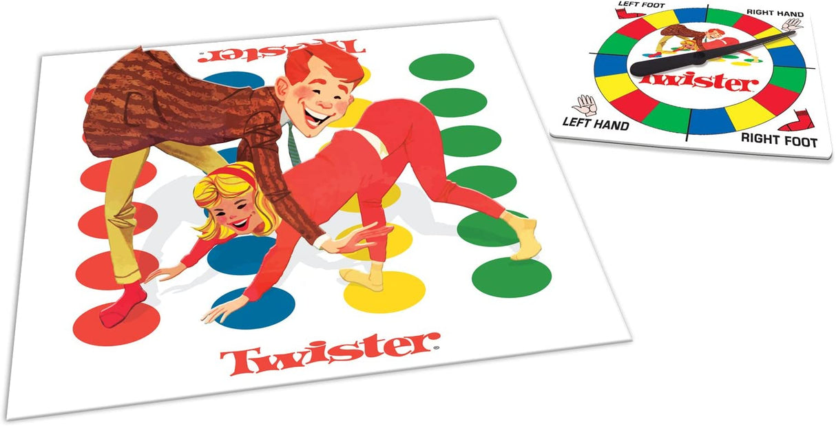 Twister game showing two players on the colorful vinyl mat and the spinner for a fun, interactive experience.