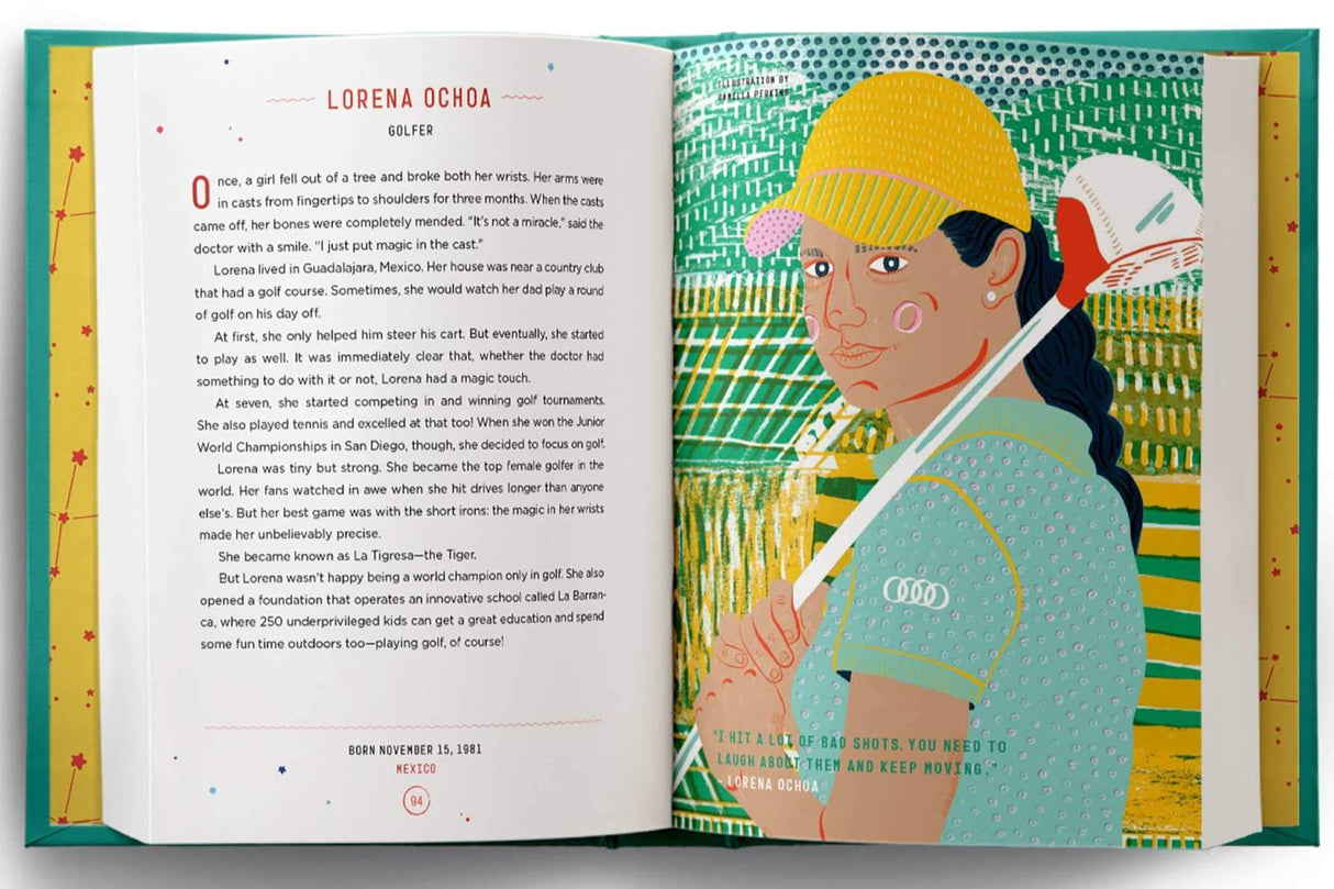 Good Night Stories For Rebel Girls 2 open to Lorena Ochoa story with colorful illustrated golf portrait.