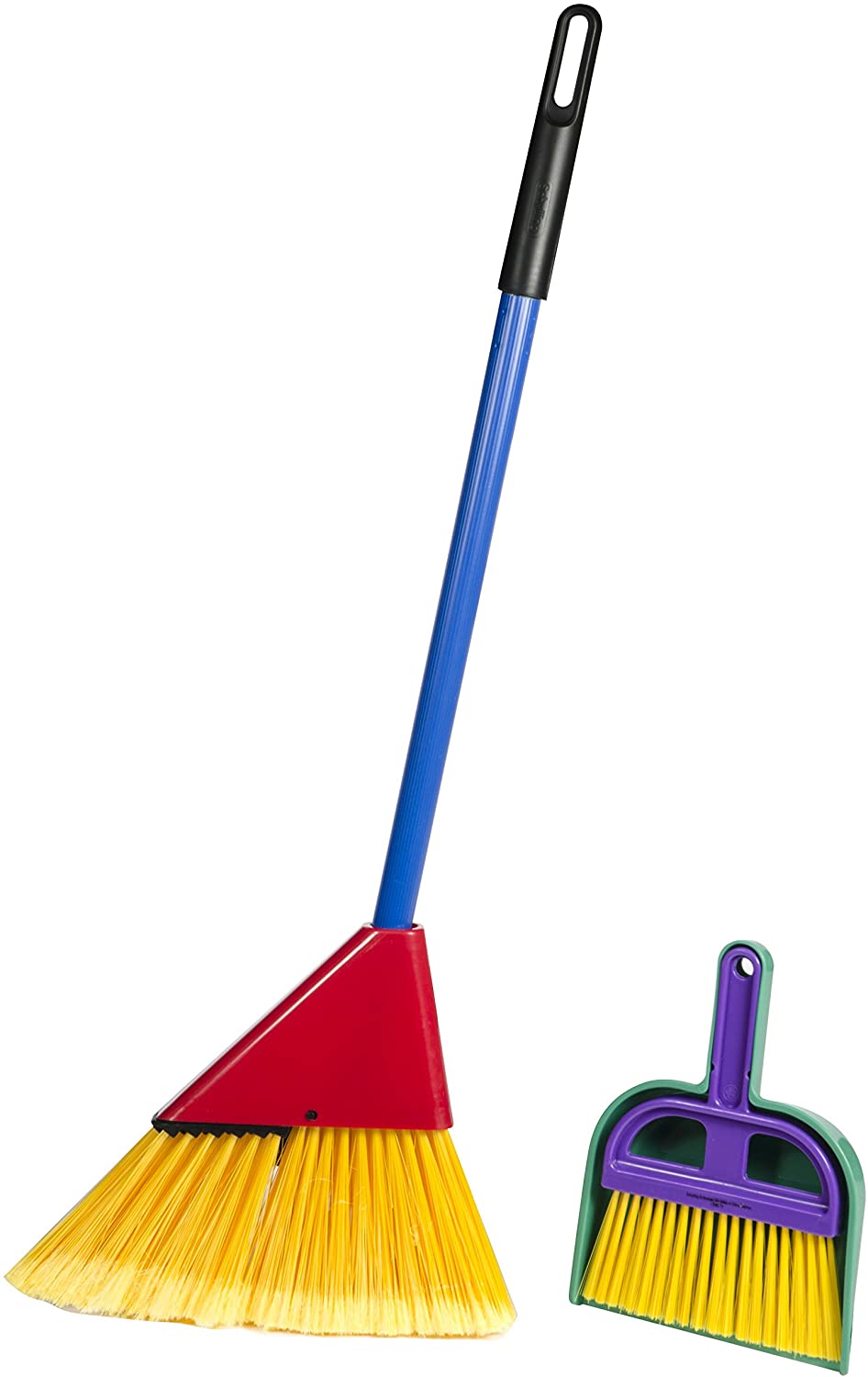 Children's Broom Set with red broom, blue handle, yellow bristles, and purple dustpan with hand broom for kids.