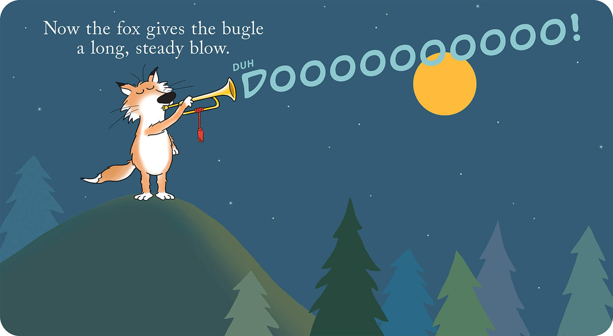 Woodland Dance shows a fox playing a bugle on a hill under the moonlight with trees and stars in the background.