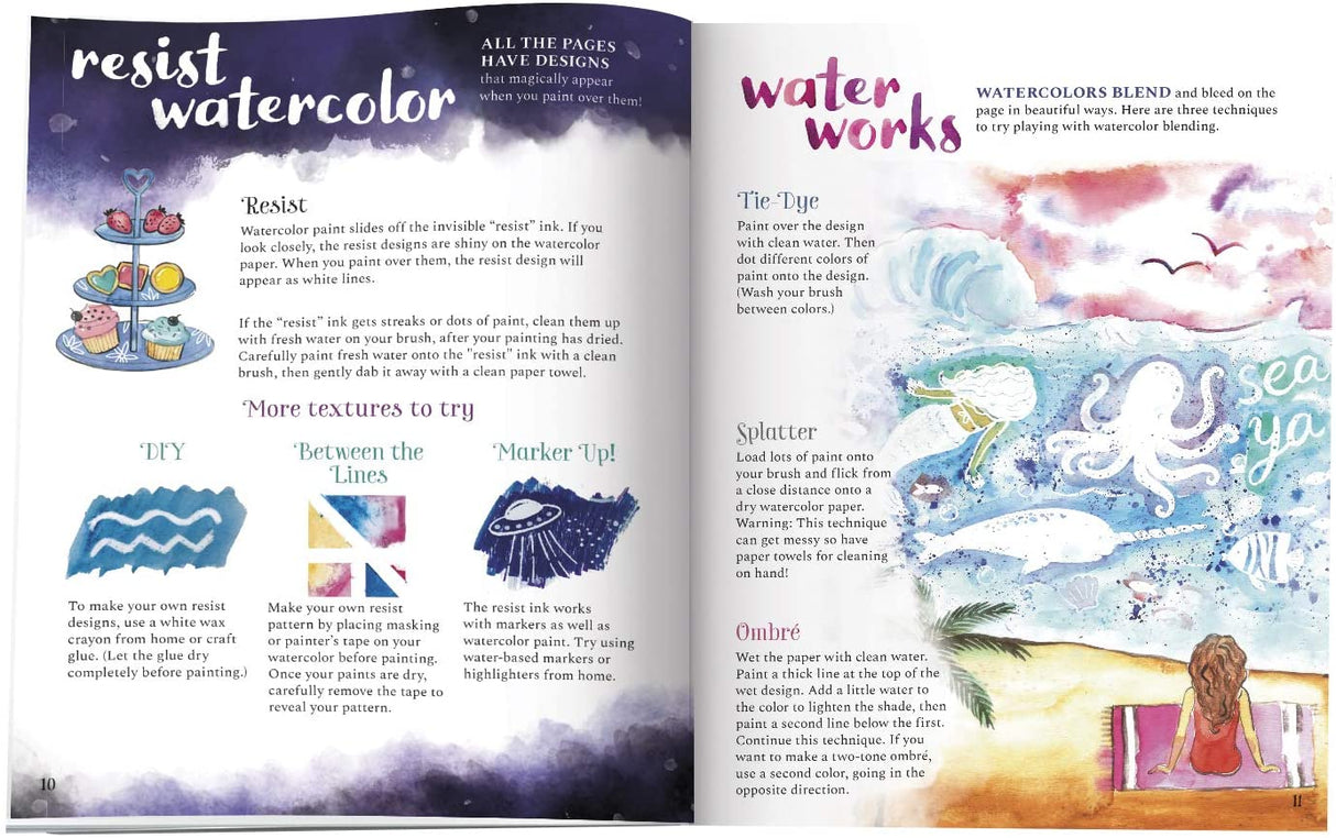 Watercolor Wonders open book showing watercolor techniques, animal and sea-themed hidden designs, and step-by-step instructions.