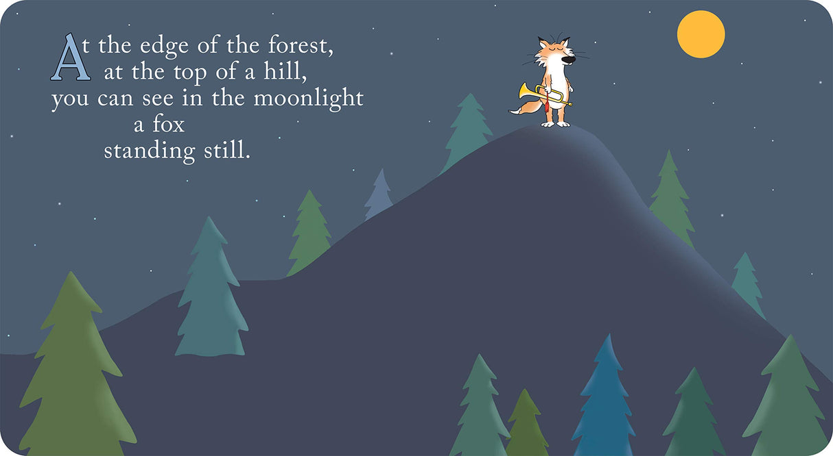 Woodland Dance shows a fox standing on a hill under the moonlight at the forest’s edge in a nighttime scene.