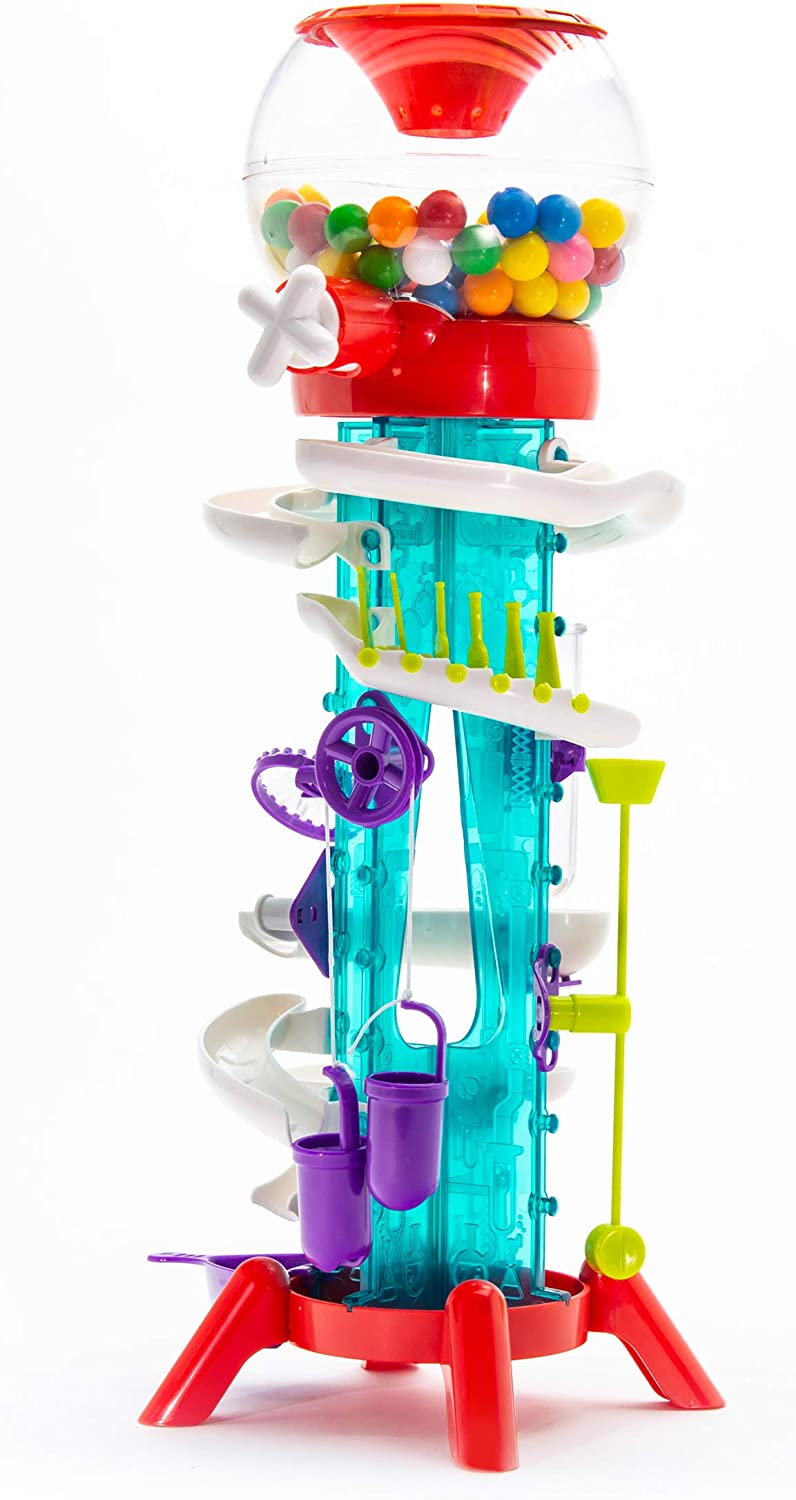 Gumball Machine Maker with colorful gumballs, track stunts, and mechanical physics features for kids aged 6-12+.