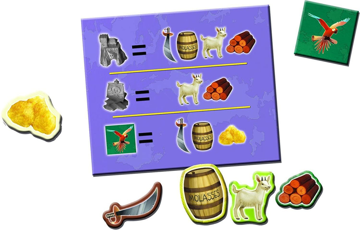 Catan Jr. resource exchange card and game tokens including molasses, sword, goat, logs, and parrot tiles.