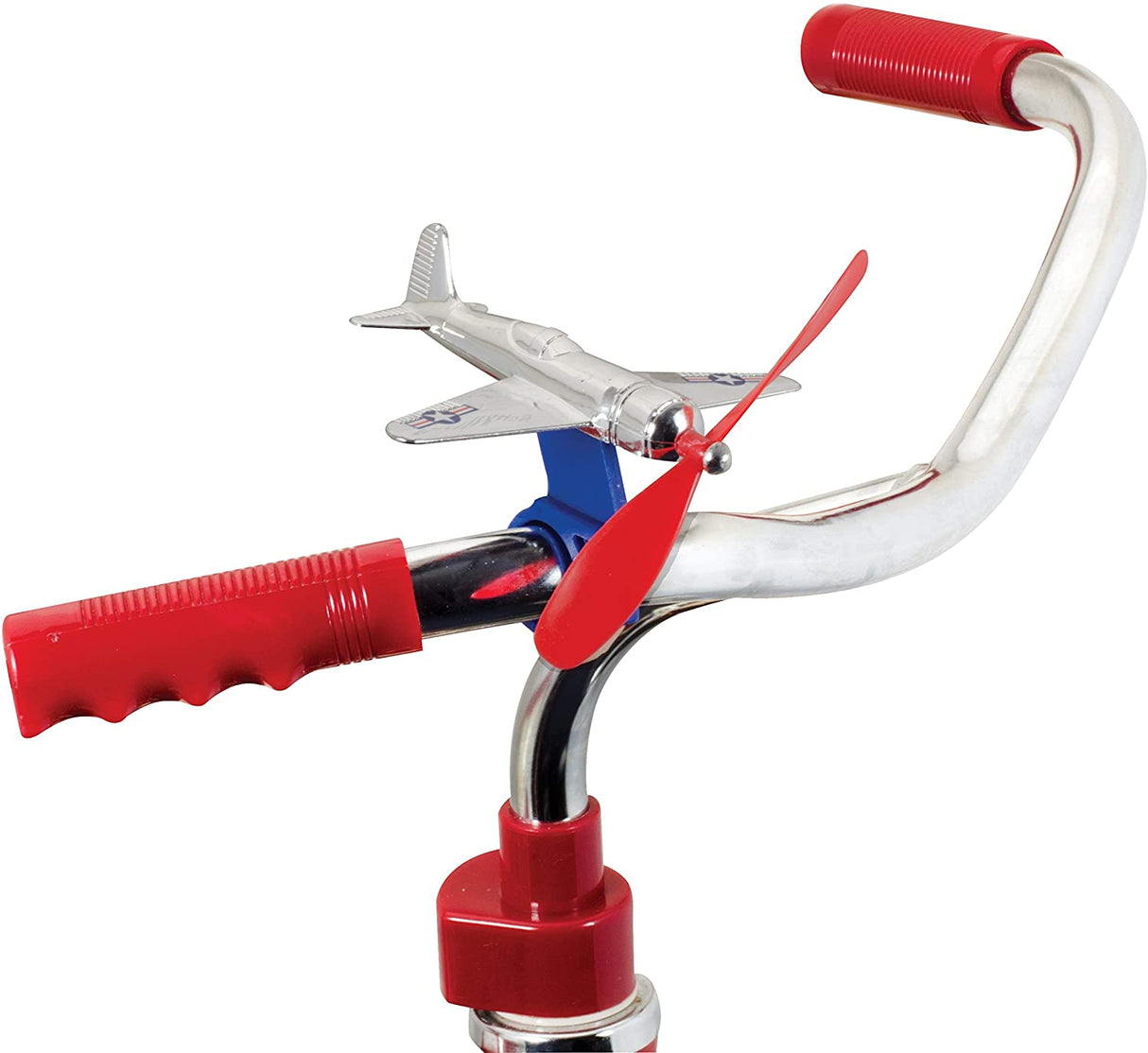 Bike Airplane mounted on bike handlebar with spinning red propeller and silver airplane decoration.