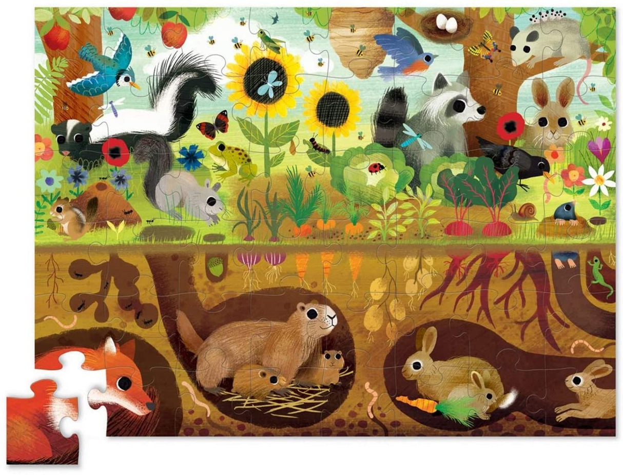 48pc Above & Below Backyard Floor Puzzle showing animals above ground and underground burrows.