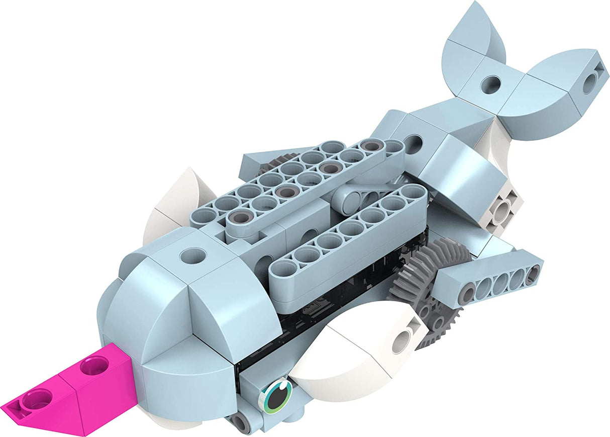 Robot Safari motorized robotic narwhal model built from cubic plastic building pieces for kids five and up.