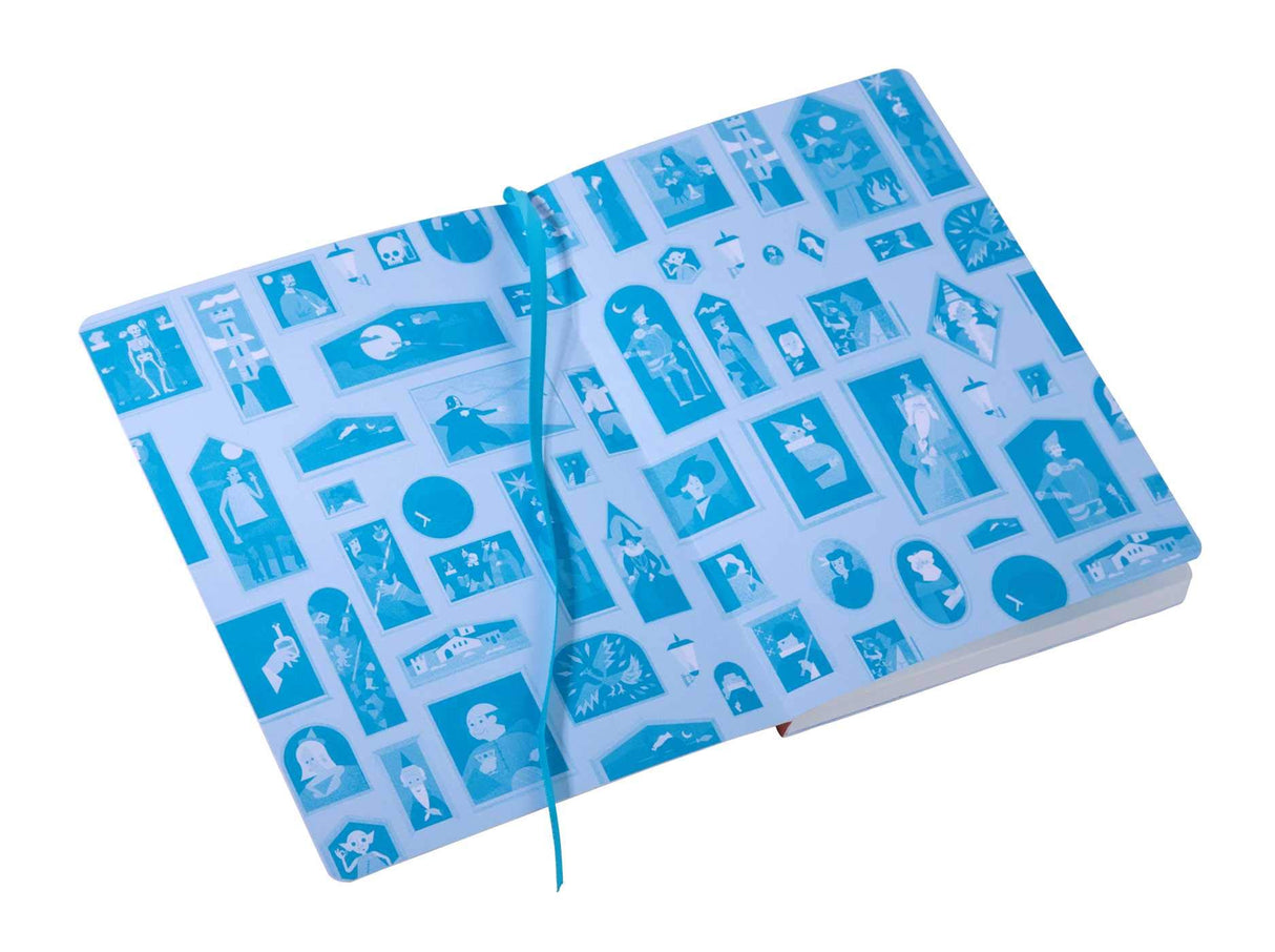 Open Hogwarts Grand Staircase Notebook showing whimsical framed portraits and a blue ribbon placeholder on ruled pages.