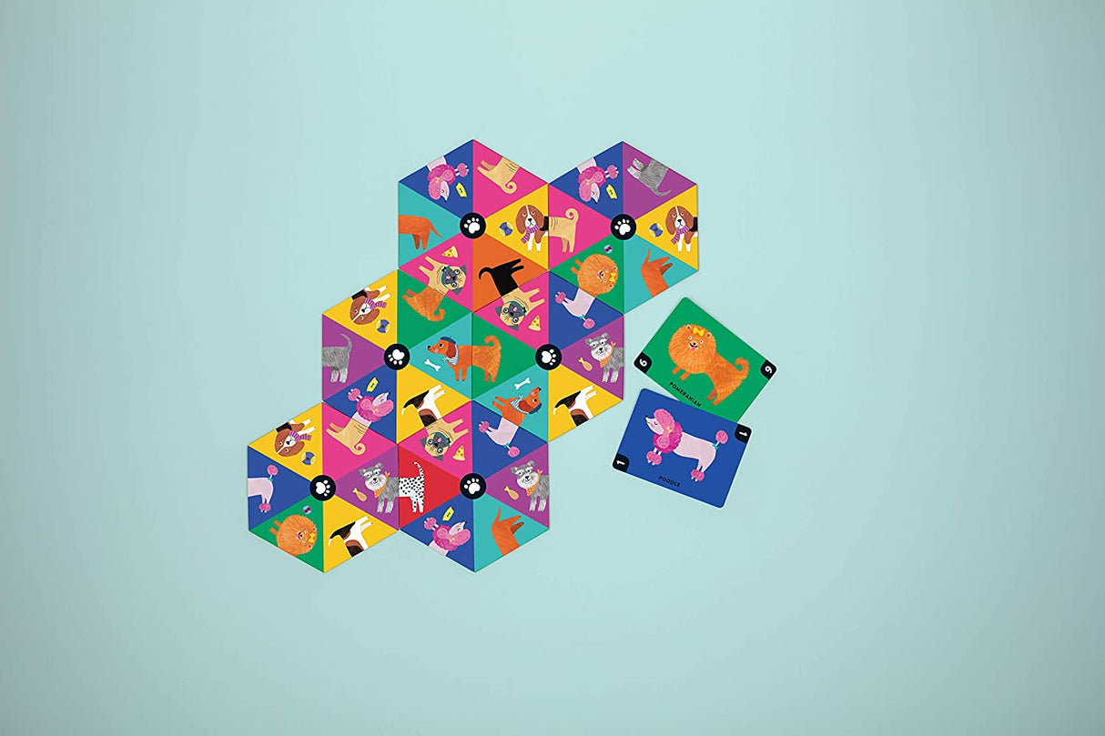 Mix the Mutts! game showing colorful hexagon tiles and cards with mixed dog heads and tails for family fun.