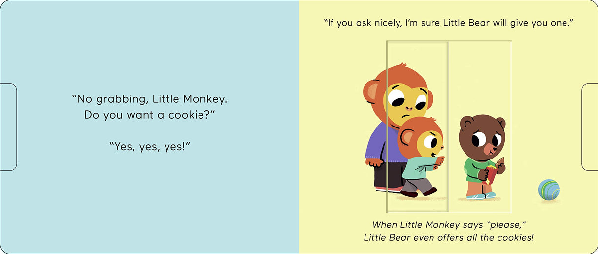 Sharing: Pull & Play board book page showing Little Bear sharing cookies with Little Monkey and Little Cat watching.