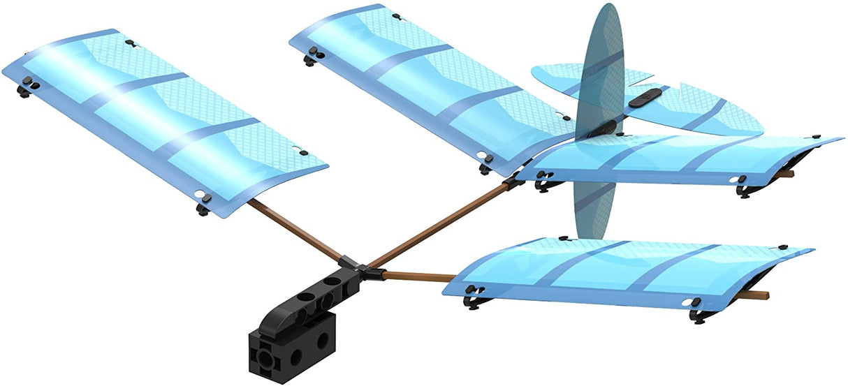 Ultralight Airplanes model featuring blue translucent wings and bamboo parts demonstrating basic glider design.