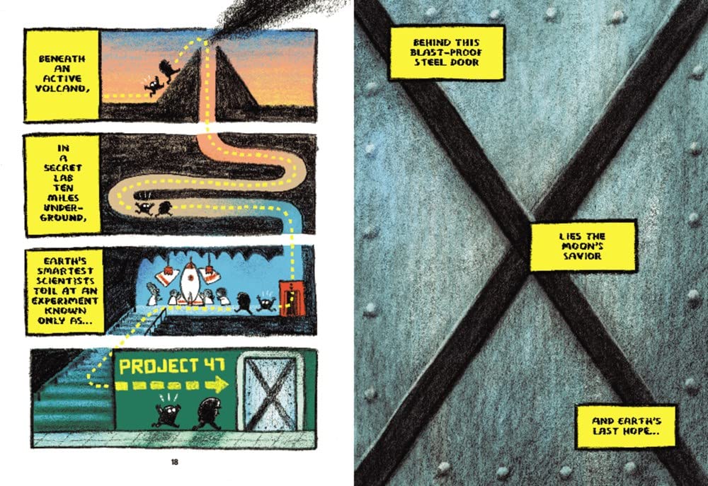 Illustration from First Cat in Space Ate Pizza showing secret lab beneath volcano hiding the moon’s savior cat.