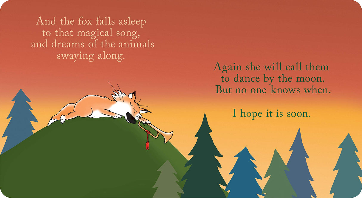 Woodland Dance board book illustration of a fox asleep on a hill playing a bugle at sunset among pine trees.