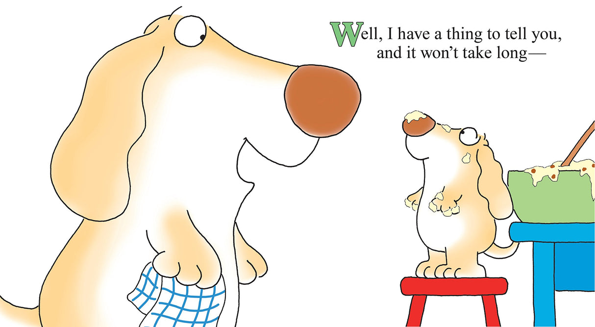 Illustration of two dogs talking with text in a colorful scene from the Snuggle Puppy book by Sandra Boynton.