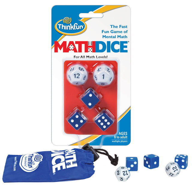 Math Dice game set with white 12-sided and blue six-sided dice, and a blue drawstring pouch for ages 8 to adult.