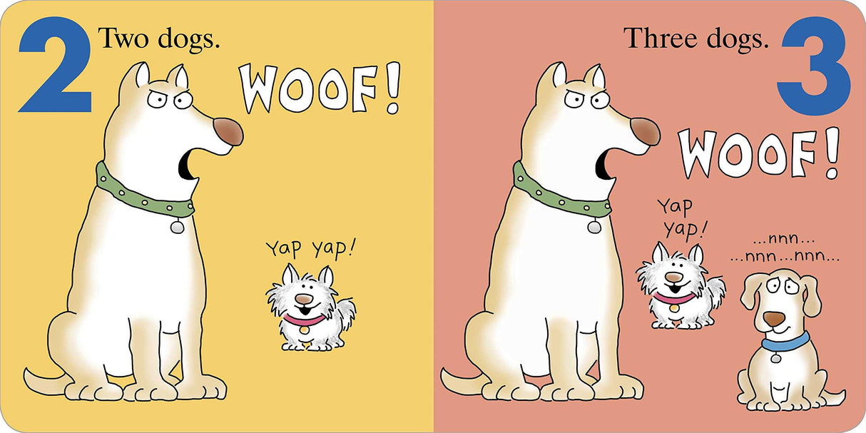 Doggies book illustration showing two and three dogs counting with playful “woof” and “yap” sounds.