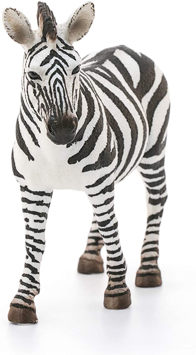 Zebra figurine showing unique black and white striped fur pattern and mane, standing on white background.