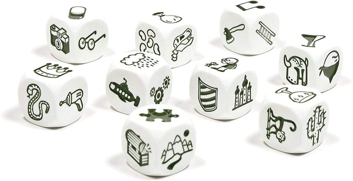 Rory's Story Cubes | Voyages featuring white dice with black adventure symbols for creative storytelling games.
