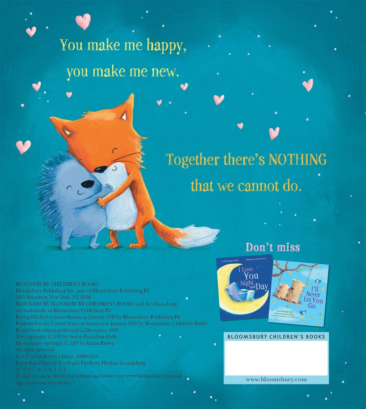 You Make Me Happy cover showing a fox and porcupine hugging with hearts on a blue background.
