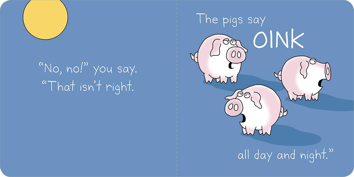 Moo Baa La La La page showing three pink pigs saying "OINK" in a friendly, illustrated children's book style.