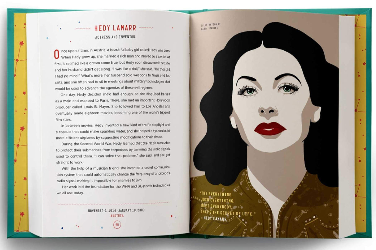 Good Night Stories For Rebel Girls 2 open to Hedy Lamarr biography and portrait by a female artist.