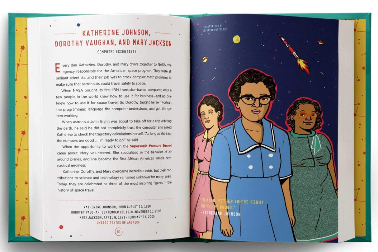 Good Night Stories For Rebel Girls 2 open to a story about Katherine Johnson with colorful illustrated portraits