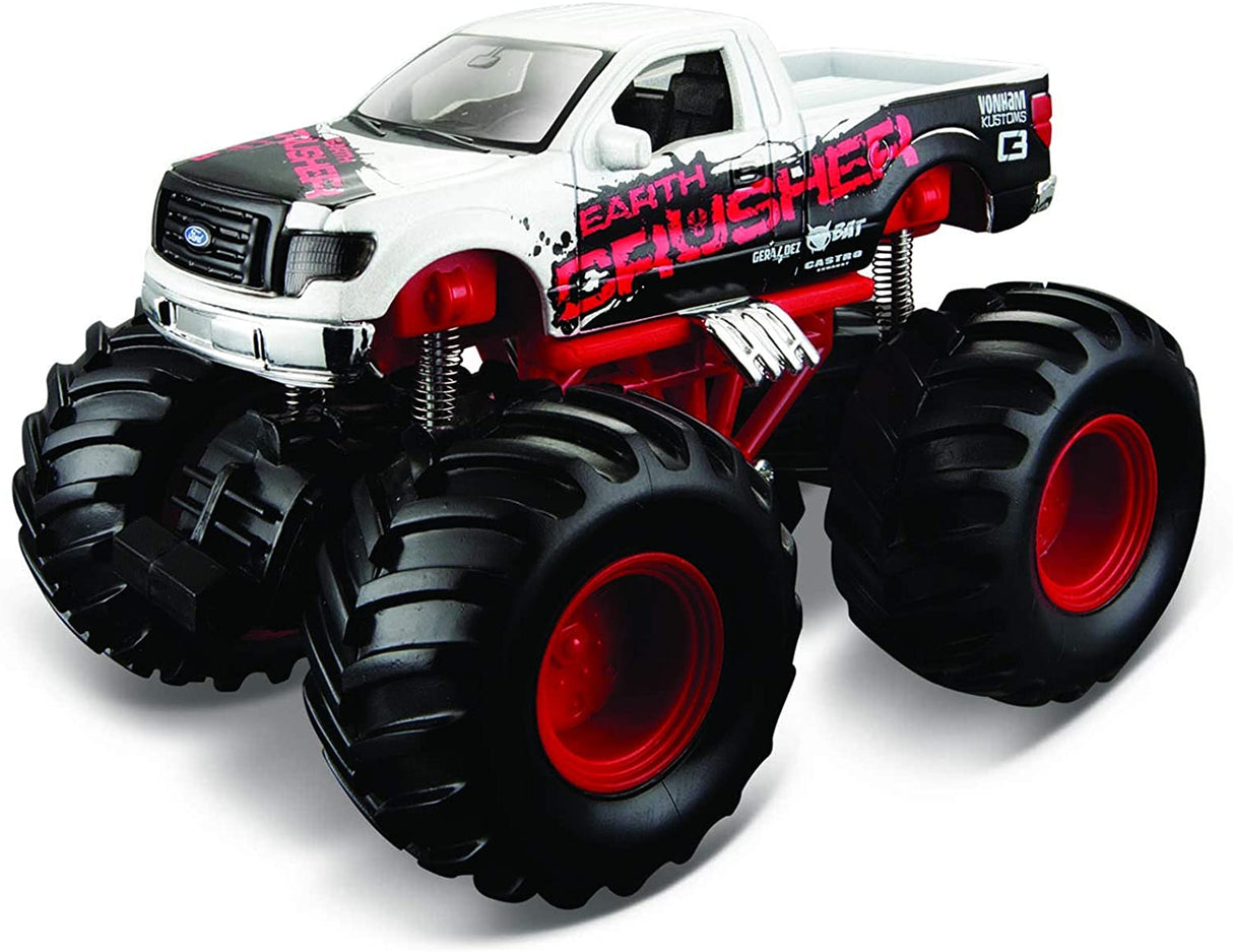 Earth Shockers Monster Truck die cast metal with pullback motor, detailed chassis, spring suspension, and giant soft tires in white and red.