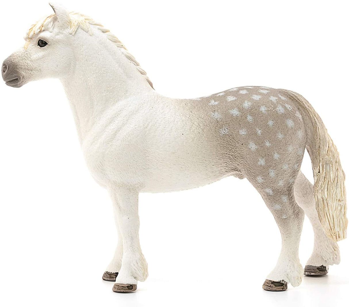 White and gray spotted Welsh Pony Stallion figurine with detailed mane and tail, perfect collectible or toy.