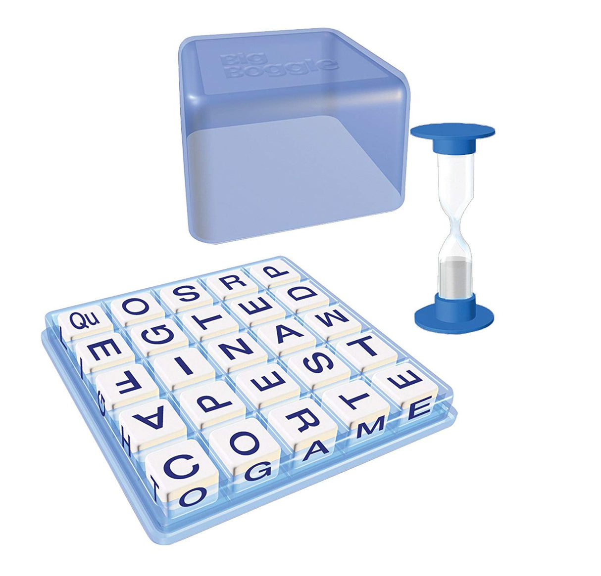 Big Boggle word game with letter cubes, transparent dome, and blue sand timer for timed gameplay.