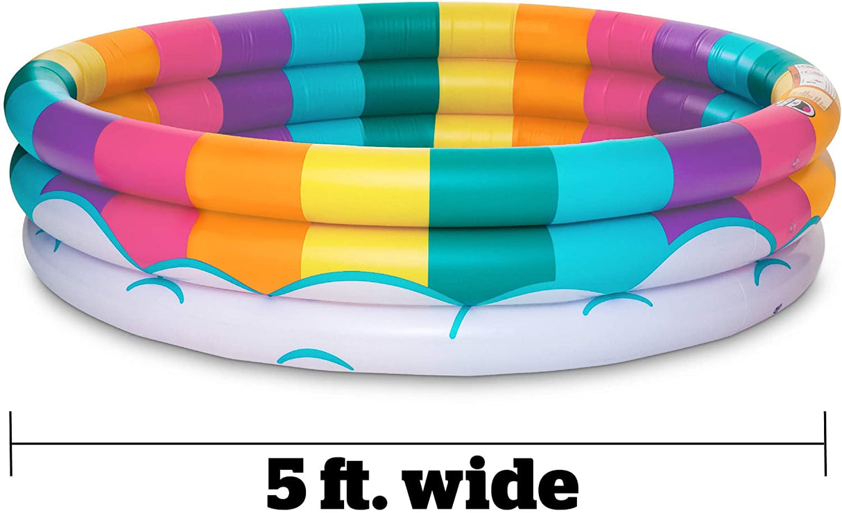 Pool | Rainbow kiddie pool with colorful rainbow design and 5 ft wide base for kids summer fun and splashing.