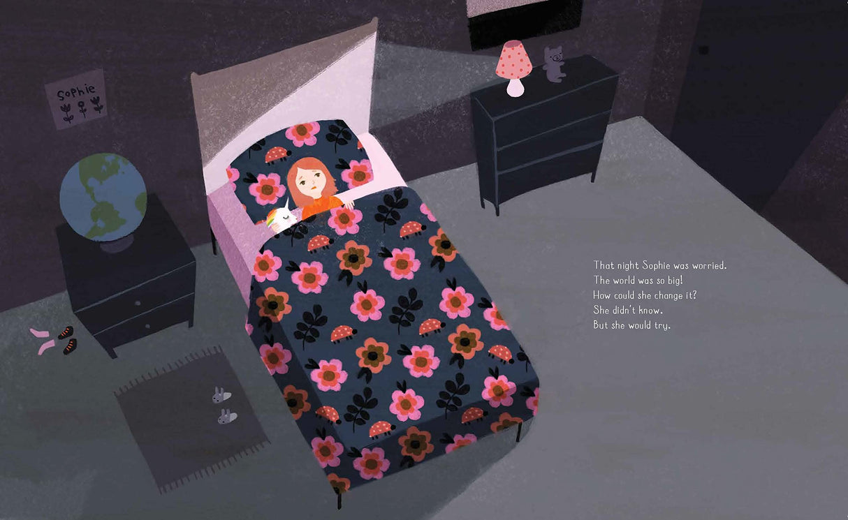 Can Sophie Change the World? illustration of Sophie in bed, worried about how to change the big world.
