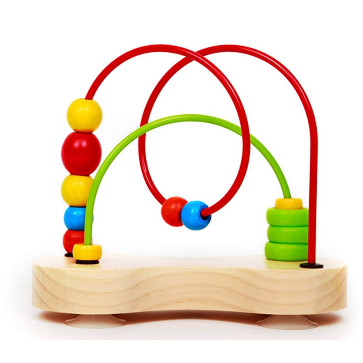 Double Bubble Bead Maze features colorful wooden beads on wire loops attached to a wooden base with suction cups.
