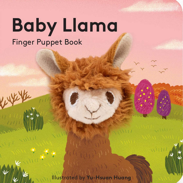 Baby Llama with Finger Puppet book cover featuring a cute plush llama puppet in a colorful outdoor scene.