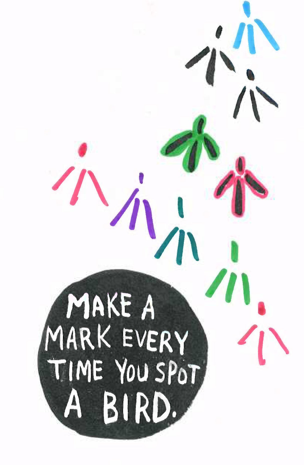 Wreck This Journal page with colorful bird doodles and prompt to mark every time you spot a bird.