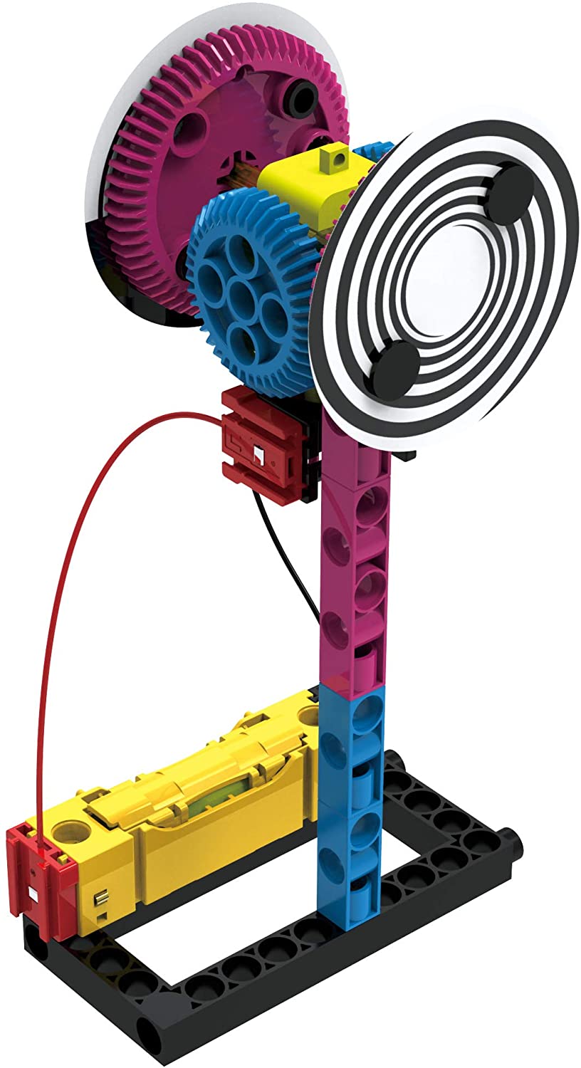 Easy Electric Circuits motorized optical illusion spinner with colorful gears and battery pack for hands-on learning.