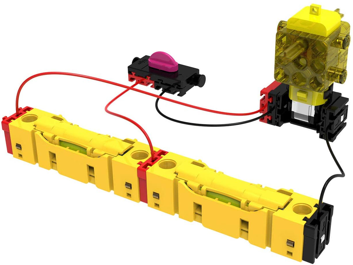 Easy Electric Circuits kit showing a simple connected electric circuit with motor and sliding connectors.