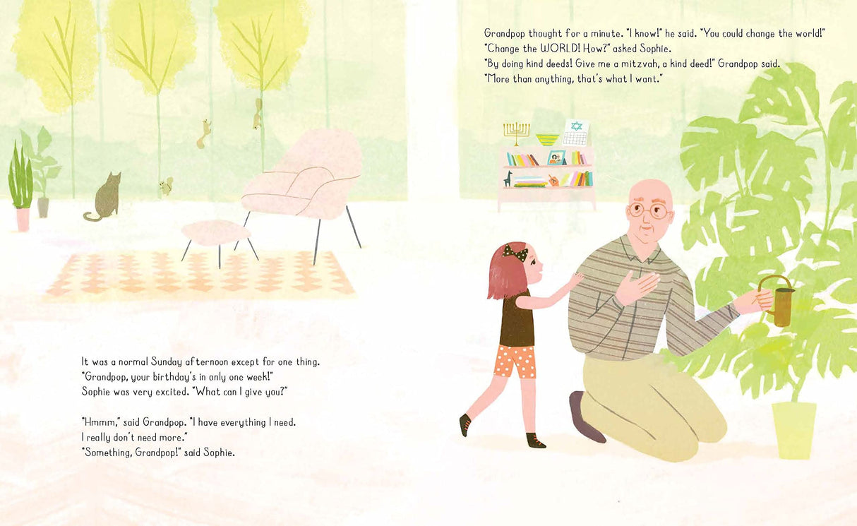 Illustration from Can Sophie Change the World? showing Sophie and Grandpop sharing a moment indoors with plants and books.