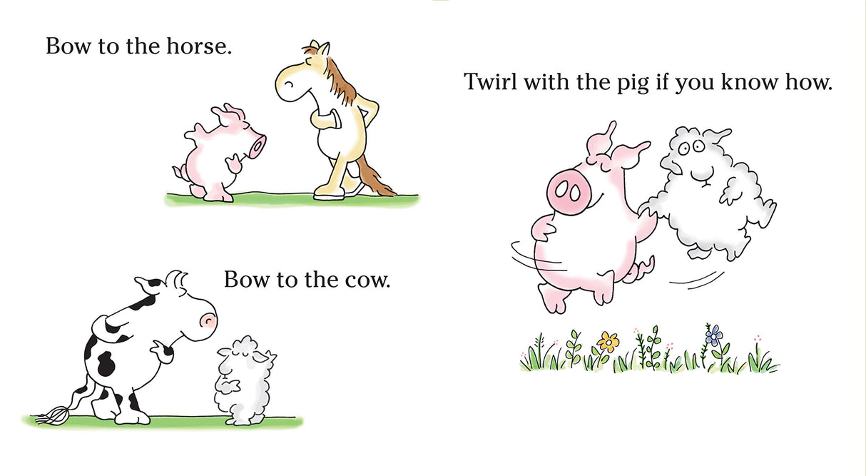 Barnyard Dance! page showing cartoon animals bowing and twirling, including a horse, pig, cow, and sheep in playful scenes.