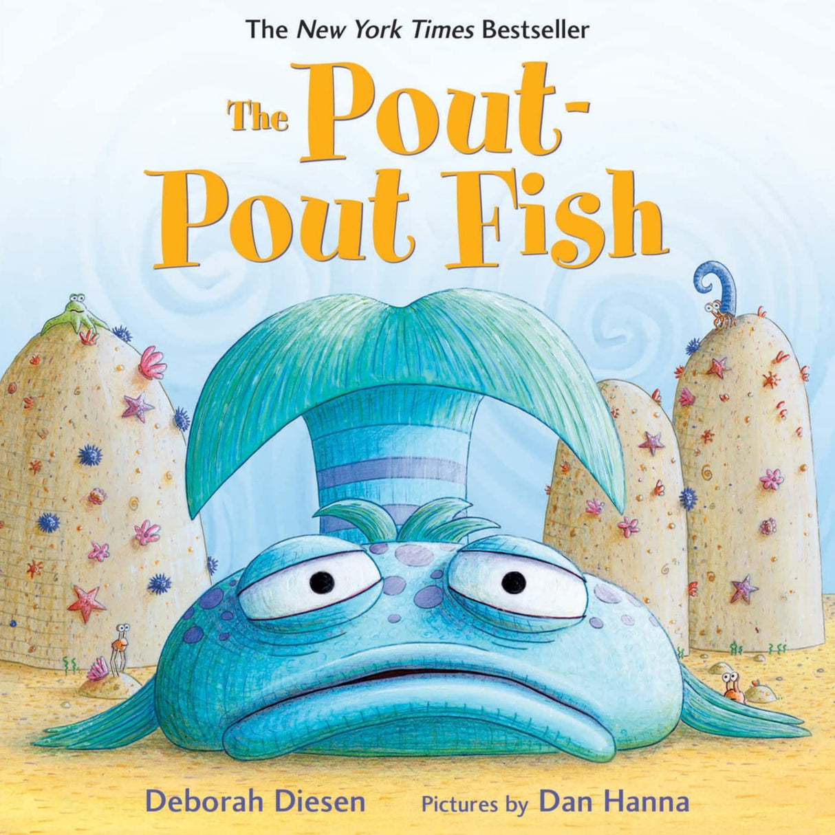 Cover of The Pout-Pout Fish board book showing a big blue fish with a pouty face underwater with ocean plants.