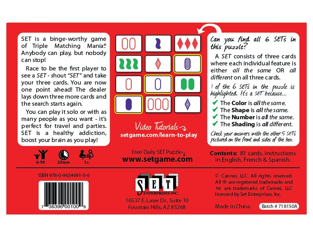 Image of the Set game showing colorful cards with different shapes, numbers, and shadings for the game Set.