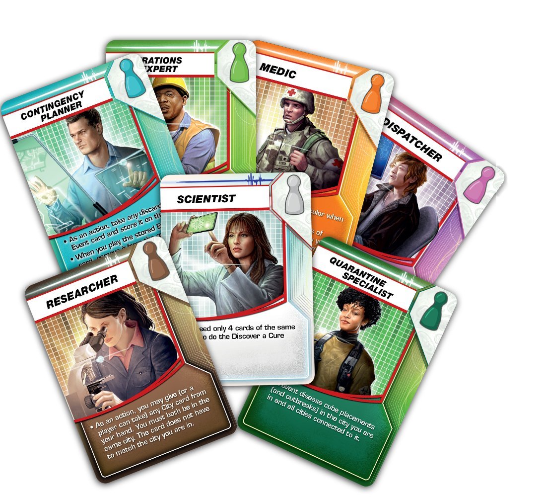 Pandemic game featuring specialist character cards like Scientist, Medic, Researcher, and Quarantine Specialist.