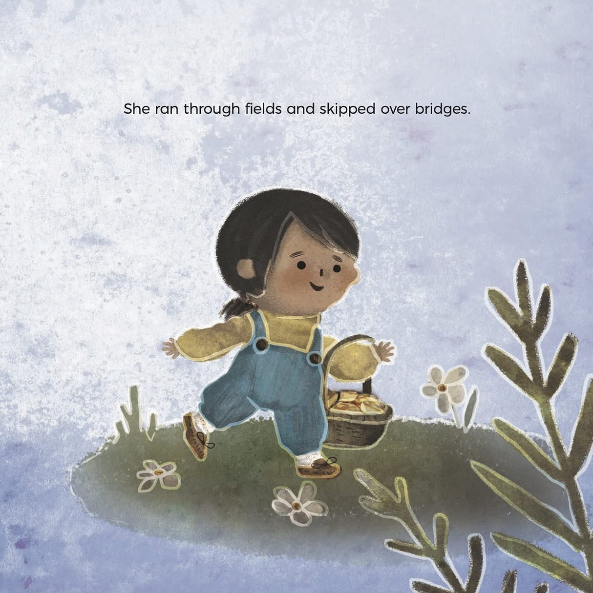 Illustration from Awasis and the World Famous Bannock showing a happy child running with a basket in a field with flowers.